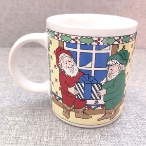 Vintage 1989 Christmas Elves Exchanging Gifts Ceramic Coffee Mug Houston Foods